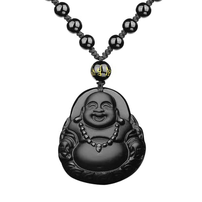 Black Obsidian Necklace Protection Pendant with Extended Bead Chain Healing Crystal Stone Amulet Necklace for Men Women - color: MaitreyaD