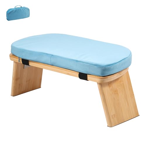 Prayer Bench, Foldable Bamboo Yoga Bench with Cushion and Carry Bag, Ergonomic Kneeling Stool for Indoor and Outdoor Sitting Thinking(Blue) - color: Blue