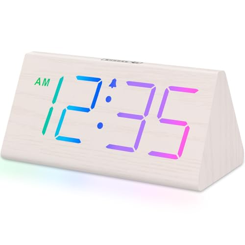 DreamSky Wooden Digital Alarm Clock for Bedroom - RGB Electric Desk Clock with Large Numbers, USB Port, Loud Alarm for Heavy Sleepers, Dimmer and Volume Control, Snooze, Wood Décor (Adapter Powered) - color: Rgb-white (Plug-in)