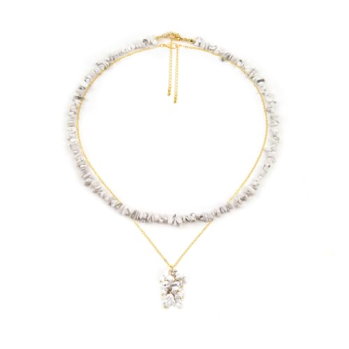 2Pcs Crystal Necklace for Women Handmade Choker Necklaces Pendant Necklace Natural Stone Gemstone Beaded Necklace 18k Gold Plated Adjustable Dainty Necklace for Women - color: Howlite