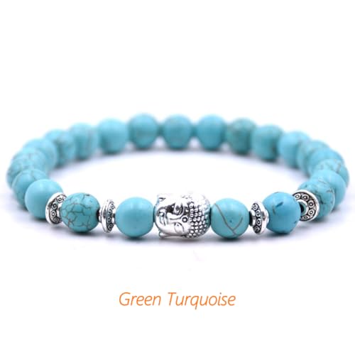 Handmade Buddha Charm Bracelet – Healing Stone Beads Bracelet with Buddha Charm, Mala Beads Yoga Beads – Stretch Bead Bracelet for Men and Women - style: Green Turquoise