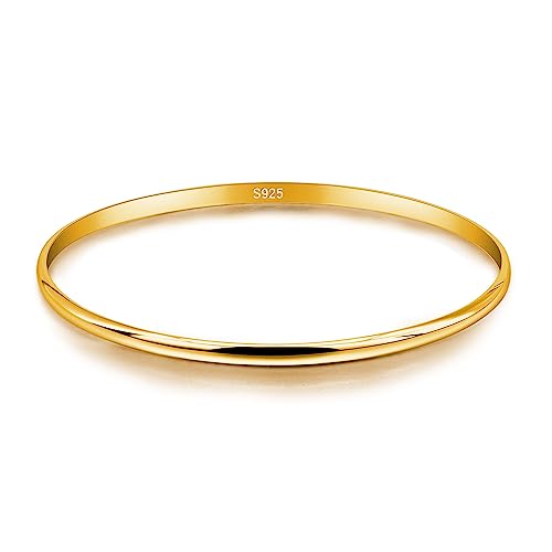 Minimalist Original 925 Sterling Silver Banglest Women Stackable Bracelet 2MM 65mm Jewelry Gift (Gold Color 1 Piece C Style, Diameter 65MM)