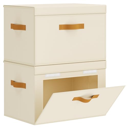 Large Storage Bins with Lids - Front Opening Fabric Storage Bins, Flap Closet Organizer with Handles, Collapsible Boxes with Lid, Decorative Basket for Home, Dorm, 2 Pack, Beige