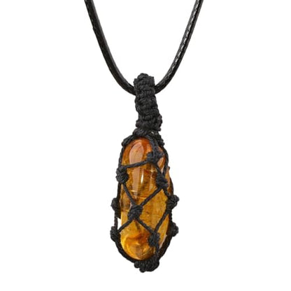 Crystal Tumbled Stone Pendant Necklace for Women Knotted Net Bag Leather Necklace Yoga Meditation Jewelry Gifts - color: Citrine