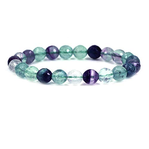 Keleny Gem Semi Precious Gemstones 8mm Natural Stone Round Beads Rock Crystal Jasper Stretch Bracelet 7 Inch Unisex - color: AA Grade Faceted Clear Rainbow Fluorite