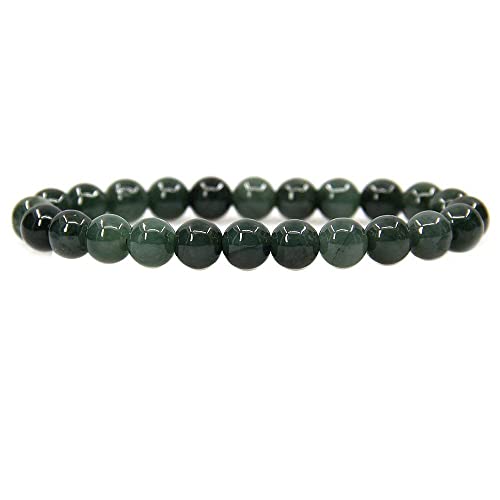 Angelstones Handmade Natural Healing Gemstone 8mm Round Beads Stretch Crystal Bracelet 7 Inch Unisex - color: Dark Green Jade