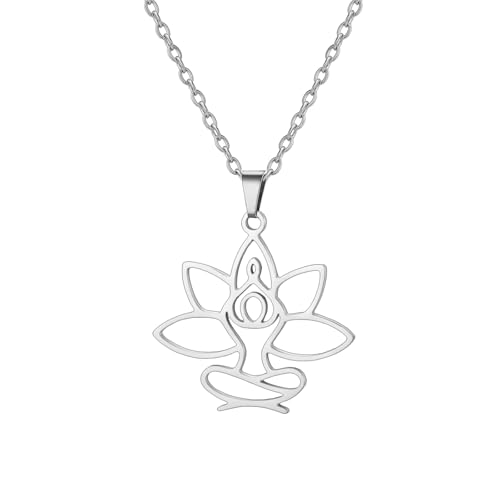 UNIFT Lotus Meditation Necklace For Women Stainless Steel Om Yoga Spiritual Symbol Hollow Out Hindu Yoga Jewelry Inspirational Amulet Gift - color: silver