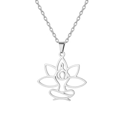 UNIFT Lotus Meditation Necklace For Women Stainless Steel Om Yoga Spiritual Symbol Hollow Out Hindu Yoga Jewelry Inspirational Amulet Gift - color: silver