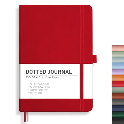 RETTACY Dotted Journal Notebook, 192 Pages, A5 Medium Size (5.7'' x 8.3''), Leather Hardcover, 100 GSM Thick Paper, for Journaling, Planning, Tracking (Red) - color: Red, style: Dotted