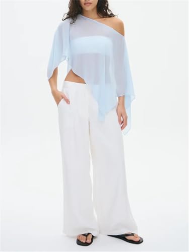 Women Chiffon Cape Shawls and Warps for Evening Dress Wedding Sheer Mesh Flowy Capelets Top - color: Baby Blue, size: Medium