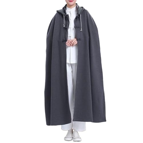 Unisex Meditation Buddhist Hooded Cloak Loose-Fit Comfortable Warm Prayer Robe Button Down Coat Poncho - color: Gray, size: Medium