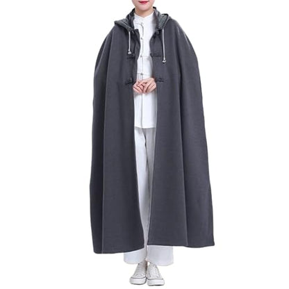 Unisex Meditation Buddhist Hooded Cloak Loose-Fit Comfortable Warm Prayer Robe Button Down Coat Poncho - color: Gray, size: Large