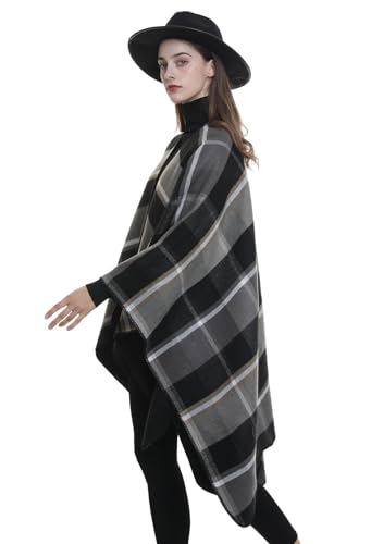 Shawl Wraps for Women, Elegant Knitted Cape Open Front Poncho Scarf Blanket Cardigan Coat for Spring, Autumn, and Winter - color: Gray Black Khaki