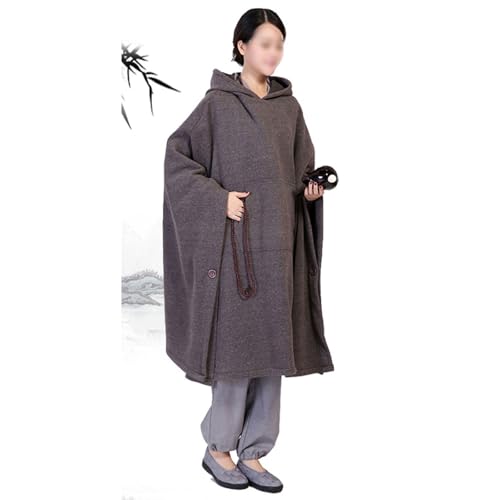 Winter Meditation Robe Buddhist Hooded Cloak Capes Warm Fleece Lined Oversize Coat with Pockets - color: Gray, size: Large