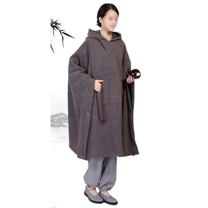 Winter Meditation Robe Buddhist Hooded Cloak Capes Warm Fleece Lined Oversize Coat with Pockets - color: Gray, size: Large