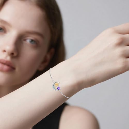 925 Sterling Silver Moon and Sun Star Adjustable Link Bracelet for Women with 12 Month Birthstone Birthday Jewelry - style: 02 - Feb.