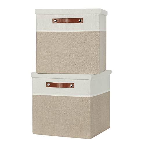 Temary Fabric Storage Bins with Lids 13 Inch Storage Cubes with Lid, Decorative Foldable Storage Boxes for Clothes, Closet Organizers (White&Khaki, 13x13x13inch) - color: White&Khaki, size: 13×13×13