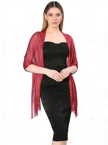 Sumolux Shawls Wraps for Evening Dresses Metallic Glitter Shawls Scarf for Women Sparkling Wedding with Free Buckle - color: Wine Red