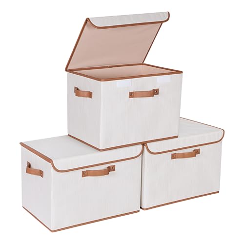 Univivi Heavy Duty Fabric Storage Bins with Lid, Large 17" 10 Gallon Stackable Storage Bins with Leather Handles, Decorative Storage Boxes with Lids for Bedroom, Closet, Nursery, Office, 3-Pack(Beige) - color: Beige