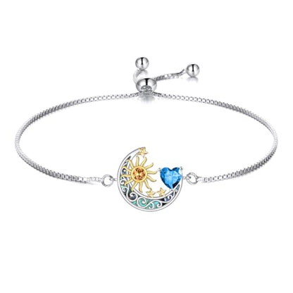 925 Sterling Silver Moon and Sun Star Adjustable Link Bracelet for Women with 12 Month Birthstone Birthday Jewelry - style: 12 - Dec.