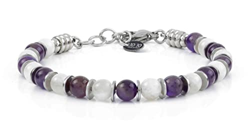 Beaded Bracelet for Men and Women – Natural Gemstone and Stainless Steel – Adjustable, Durable and Elegant – Made in Italy - color: Amethyst - Moonstone