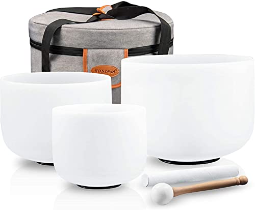 RYAN DVAN 432hz Crystal Singing Bowl Set of 3, 6" B Crown 8" F Heart 10" G Throat with Travel Case, Suede Striker - Sound Bowl for Chakra Healing, Meditation, Yoga, Reiki, Stress Relief Mindfulness