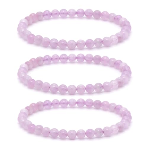 Justinstones Gem Semi Precious Gemstone 3pcs 4mm Round Beads Stretch Bracelet 6.5 Inch Unisex - color: Kunzite