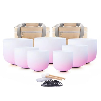 Hye-eun 7PCS 432Hz Crystal Singing Bowls Set, Premium Quartz Meditation Sound Bowls for Chakra Healing Yoga Reiki, Include Rubber Mallets & Carrying Bags-7-12 Inch (Pink Gradient) - color: 7-12inch 432hz Half-Pink 7PCS