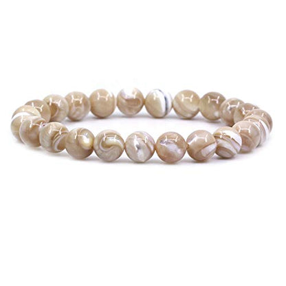 Keleny Gem Semi Precious Gemstones 8mm Natural Stone Round Beads Rock Crystal Jasper Stretch Bracelet 7 Inch Unisex - color: Khaki Mother of Shell