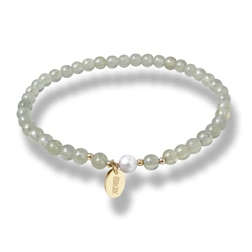 Morchic 4mm Natural Gemstone Beads Stretch Bracelet for Women, With Freshwater Pearls, Energy Gem Birthday Gift for Her 7.2” - color: Prehnite