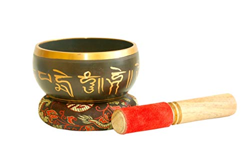 Tibetan Singing Bowl Set | Peace Mantra Design With Mallet and Silk Cushion Meditation Sound Bowl - Promotes Peace, Chakra Healing, and Mindfulness | For Yoga, Meditation (black) - color: black