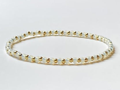 Handmade Opal White Glass & 18K Gold Plated Brass Beaded Bracelet | Minimalist Modern Jewelry for Women | Everyday Glamor Stacking Piece - size: Large