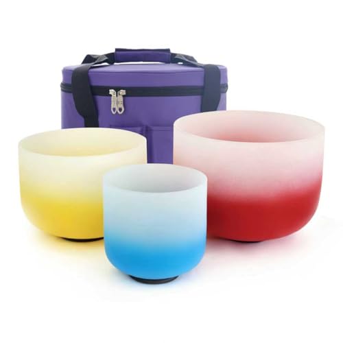 KVKA 432hz Gradient 12 C 10 E 8 G Chakra Frosted Crystal Singing Bowls Sets of 3 8-12 inch with Carrying Case - 12C Red 10E Yellow 8G Blue for Yoga Sound Healing (Gradient)