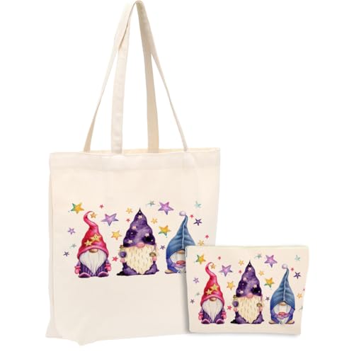 Watercolor Magic Gnome Star, 2PCS Makeup Cosmetic Bag Canvas Tote Bag Beach Bag for Shopping Work Office for Women Gnome Lovers Daughter Girl Friend Sister Bestie Friendship Christmas Birthday Gifts - color: Gnome Star 0915