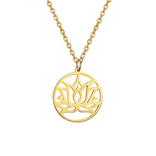 TEAMER Lotus Necklace Stainless Steel Flower of Life Necklace Yoga Meditation Pendant Inspirational Jewelry For Women - color: Style 4 - Gold