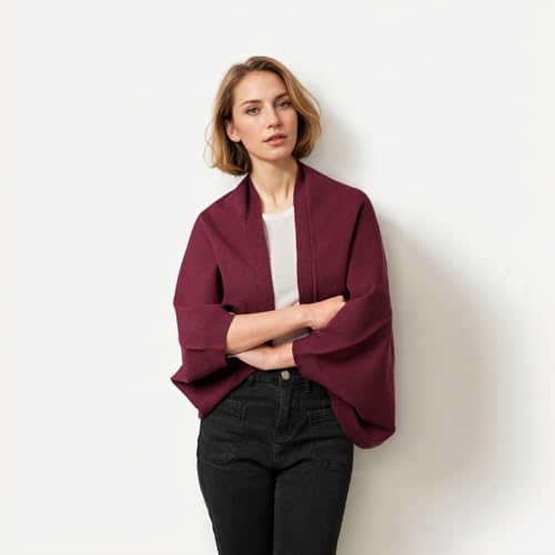WaJuemy Shrug Sweater Shawl Wraps for Women Soft Cashmere Ponchos Sweater Cardigan Casual Open Front Top Cape Shawls - color: 11 Burgundy