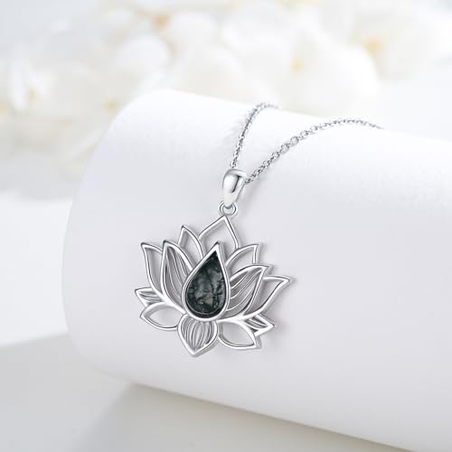 Lotus Necklaces for Women 925 Sterling Silver 7 Chakra/Yin Yang Pendant Necklace Spiritual Lotus Jewelry Birthday Yoga Gifts - style: Moss Agate-Lotus