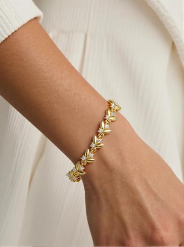 Bracelet for Women 14K Gold Plated Dainty Chain Simple Jewelry - style: Crystal Leaf Tennis