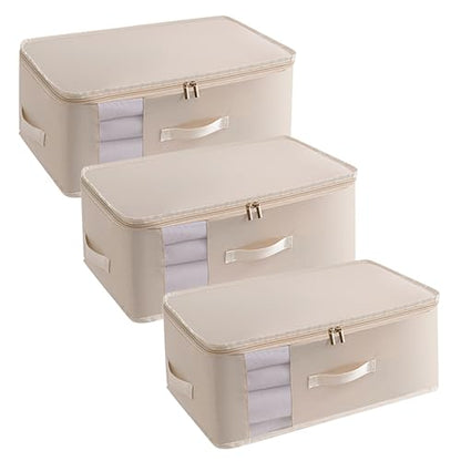 3 Pack Large Canvas Storage Bags, Zipper Closet Organizers Thick Handles Clear Window, Foldable Cotton Linen Containers for Clothes Sweater/Bedding（Oatmeal） - color: Oatmeal