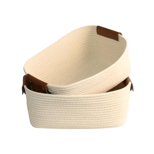 Cotton Rope Storage Basket with Leather Handles – 13.8×9.8×5.1 Inches, 2-Pack.Woven Decorative Bin for Home, Office, Baby Nursery, Living Room(Beige)) - color: Beige