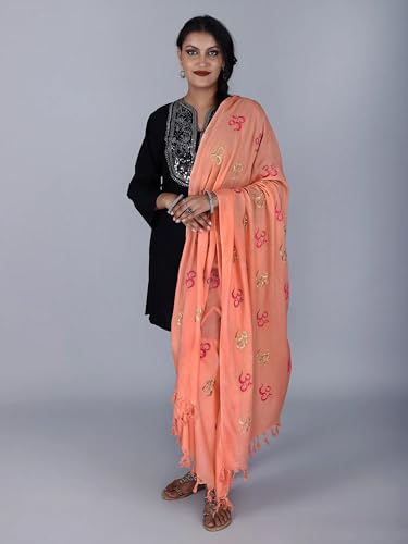 Exotic India Prayer Shawl with Zari and Thread Embroidered Dual Color Om Motif - Viscose Cotton
