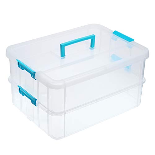 JUXYES 2-Tiers Stack Carry Storage Box With Handle, Transparent Stackable Storage Bin With Handle Lid Latching Storage Container for School & Office Supplies (Blue) - color: Blue