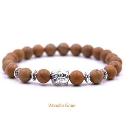 Handmade Buddha Charm Bracelet – Healing Stone Beads Bracelet with Buddha Charm, Mala Beads Yoga Beads – Stretch Bead Bracelet for Men and Women - style: Wooden Grain
