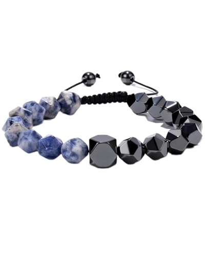 Beaded Bracelet for Men, 10mm Natural Stones Bracelet for Men's Gift, Adjustable Precision-Cut Gemstone Crystal Healing Bracelet, Protection Jewelry Gift with Hematite, Tiger Eye - style: Blue Spot Stone & Hematite
