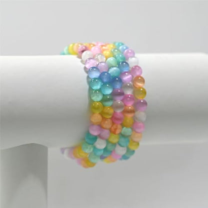 Angelstones Handmade Natural Healing Gemstone 6mm Round Beads Stretch Crystal Bracelet 7 Inch Unisex - color: Aqua Aura Selenite