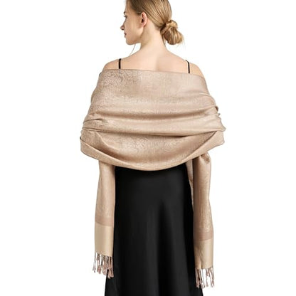 Silky Paisley Pashmina Shawl Scarf-Women's Soft Double-side Jacquard Pashminas Wrap for Evening Dress Travel Shawl - color: A-beige Taupe