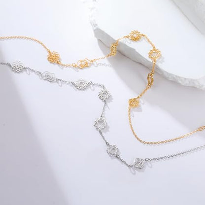 TEAMER 7 Chakras Yoga Charm Necklace Stainless Steel Adjustable Rhinestone Necklace Spiritual Meditation Inspirational Jewelry For Women