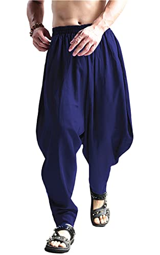 CLANMILUMS Men's Cotton Harem Pants Casual Loose Hippie Drop Crotch Trouser - color: Navy, size: X-Large