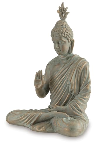 Signature Design by Ashley Hosgrove Cultural Tabletop Paper Composite Sitting Buddha Sculpture, Metallic & Green