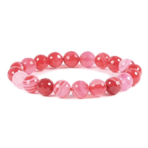 Justinstones Gemstone Crystals Chakra Beads Bracelet Crystal Healing 10mm Round Stretchable Bracelet for Her Gift - color: Faceted Dyed Pink Banded Agate